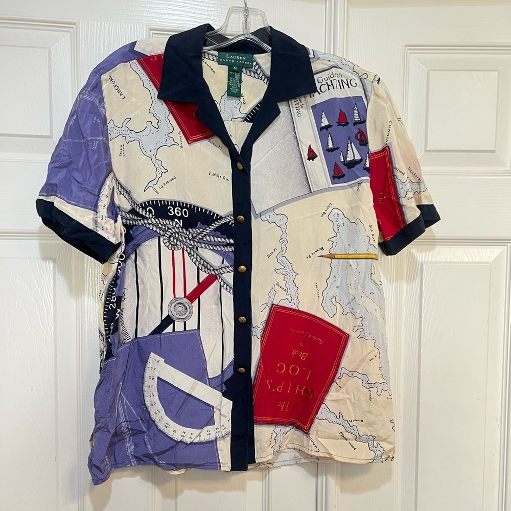 Lauren Ralph Lauren Button-Up Shirt Womens Medium Silk Nautical Blouse Yachting